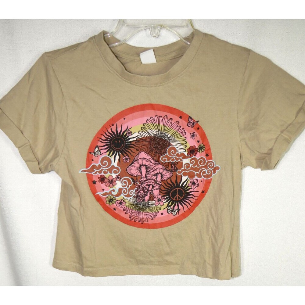 Vibe N Women's Tan Mushroom Floral Butterfly Cropped Cotton Tee XS